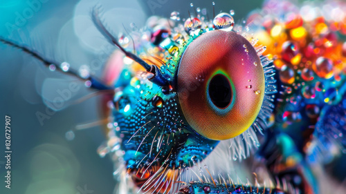 Extreme closeup on head of an insect with water drops
