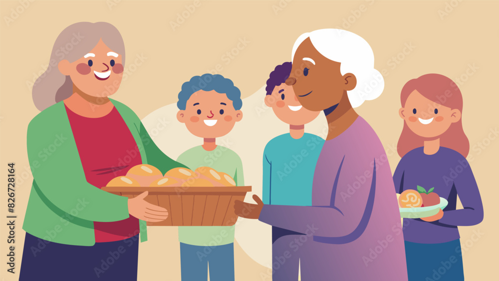 A smiling elderly woman passing a basket of freshly baked bread to a line of people waiting to be served at a soup kitchen.. Vector illustration A smiling elderly woman passing a basket of freshly baked bread to a line of people waiting to be served at a soup kitchen.. Vector illustration
