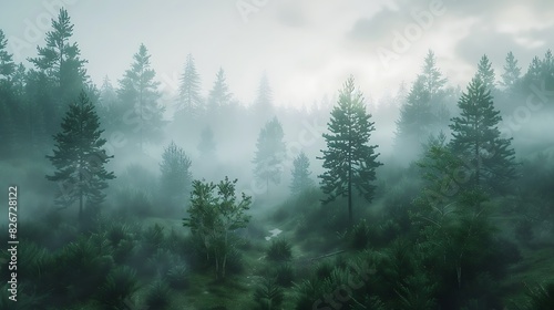 Natural beauty of a misty pine forest in early morning