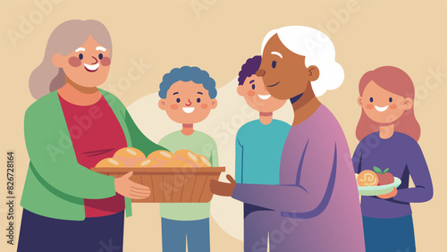 A smiling elderly woman passing a basket of freshly baked bread to a line of people waiting to be served at a soup kitchen.. Vector illustration