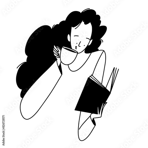 Girl reading book with cup of coffee. Vector illustration