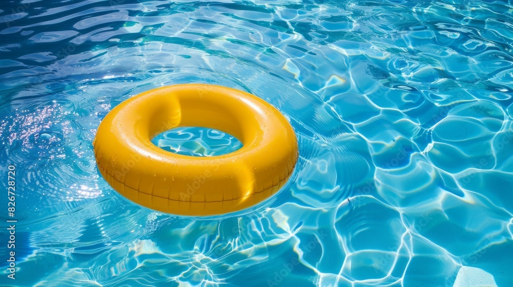 A yellow rubber ring floats in a pool of water A yellow rubber ring floats in a pool of water
