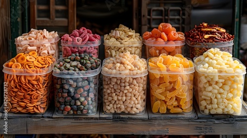Vibrant Dried Fruits and Snacks on Display at a North Korean Black Market Store photo