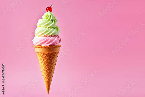 Ice cream in waffle cone with cherry on top on pink background. AI generative.