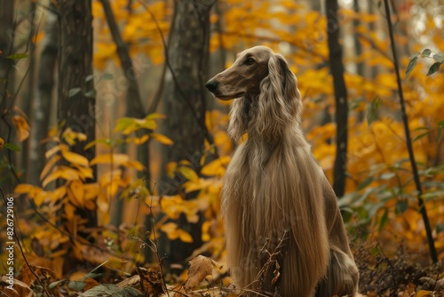 Portrait of a regal afghan hound sitting amidst vibrant fall foliage