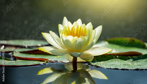 Blooming white water lily  lotus flower growing among lush green leaves on calm pond. Nature beauty