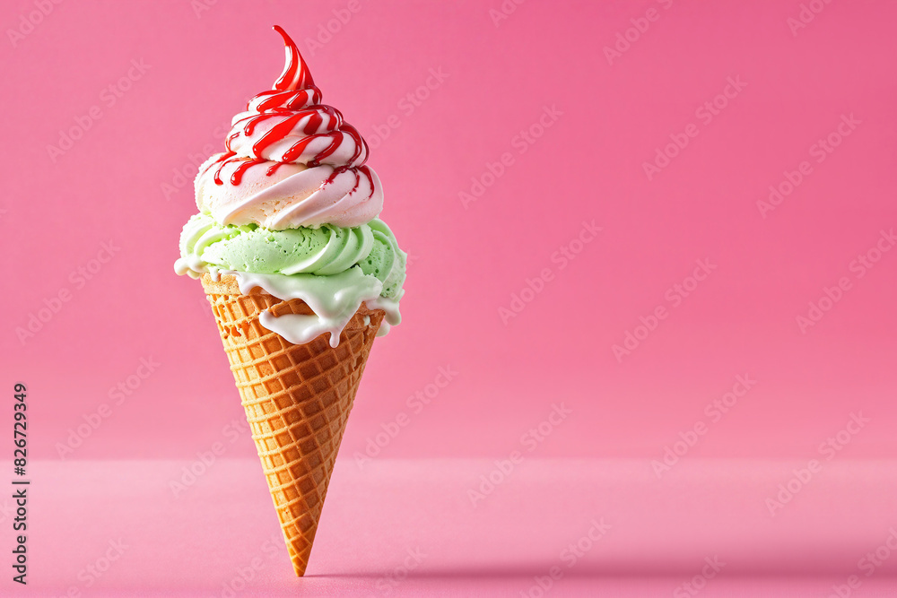 Two-color swirl of ice cream in a waffle cone on a pink background. Syrup dripped from the top. AI generative... Two-color swirl of ice cream in a waffle cone on a pink background. Syrup dripped from the top. AI generative...