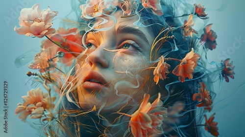 Double exposure combines a woman's face and tropical flowers. The concept of the unity of nature and man. The vitality of the human soul in the illustration of nature. Collage of contemporary art. #826729329