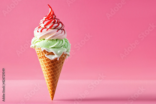 Two-color swirl of ice cream in a waffle cone on a pink background. Syrup dripped from the top. AI generative...