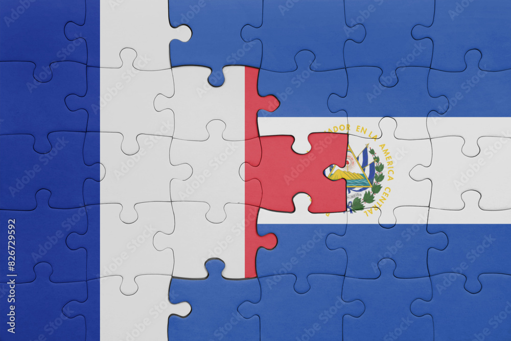 puzzle with the colourful national flag of el salvador and flag of france. puzzle with the colourful national flag of el salvador and flag of france.