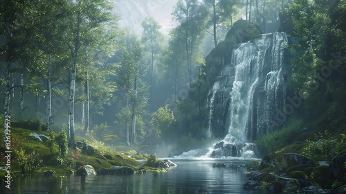Natural beauty of a misty forest with a waterfall