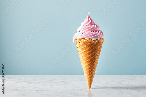 Swirl of pink vanilla ice cream in waffle cone on white and light blue background.  AI generative...