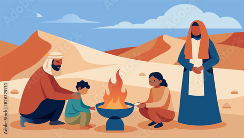 In a desert landscape a Bedouin family relies on their reliable biomass stove to cook and provide heat in the harsh climate.. Vector illustration