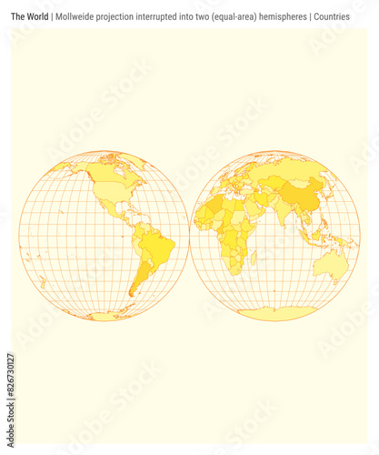 World Map. Mollweide projection interrupted into two (equal-area) hemispheres. Countries style. High Detail World map for infographics, education, reports, presentations. Vector illustration.