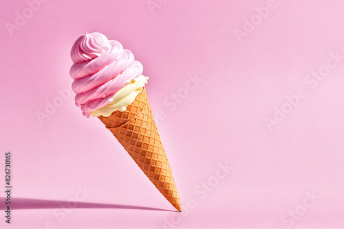 Vanilla ice cream in waffle cone on pink background. AI generative...