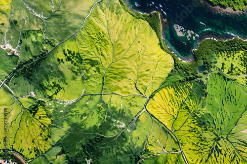 Topographic plan of a green hilly area with a developed hydro network.  AI generative...