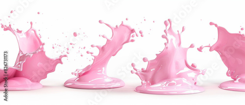A set of pink milk or cream swirls and splashes isolated on a white background, a 3D rendered illustration with a clipping path.