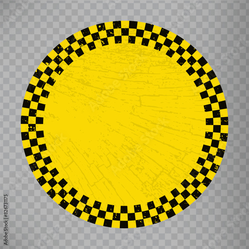Black check Stripped circle on yellow background. Text space.  Warning Background. Yellow and black construction and attention template on transparent background.  EPS10.