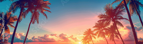 panorama of palm trees against sunset