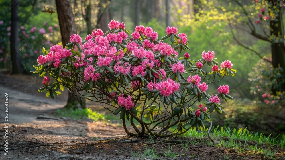 Pink rhododendron blooms on a small tree shrub during the spring in Europe