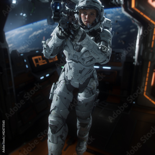 female space soldier in a white power suit, clear visor, pointing a gun, standing in a spaceship, 1:1
