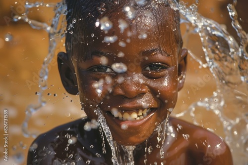 Closeup of a smiling child s face with water droplets suspended midair