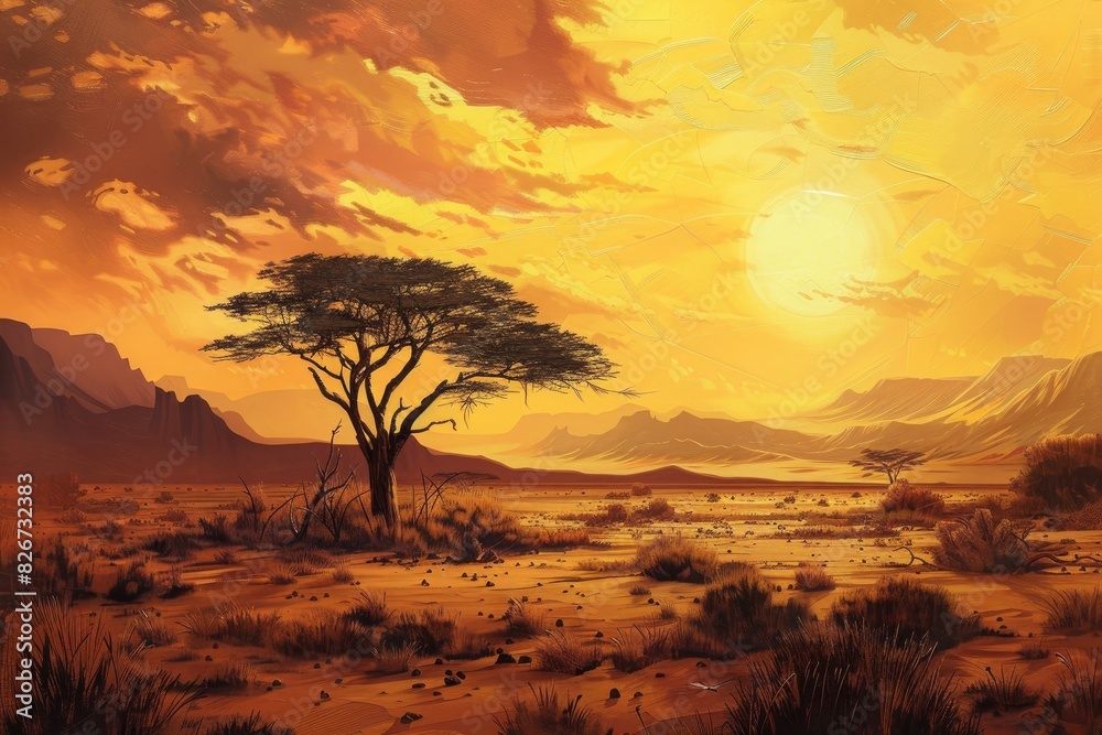 Vibrant digital illustration of a serene african savannah sunset with an iconic acacia tree