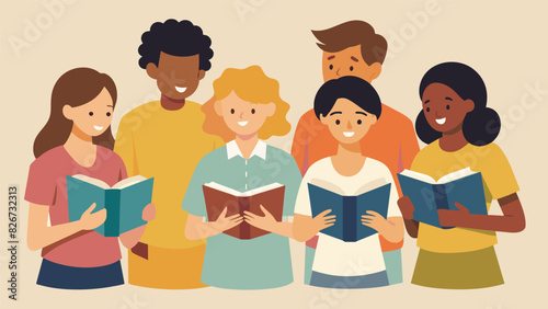A team of confident teenagers take turns reading passages from the Bible bringing the scripture to life and inspiring the congregation to delve deeper. Vector illustration