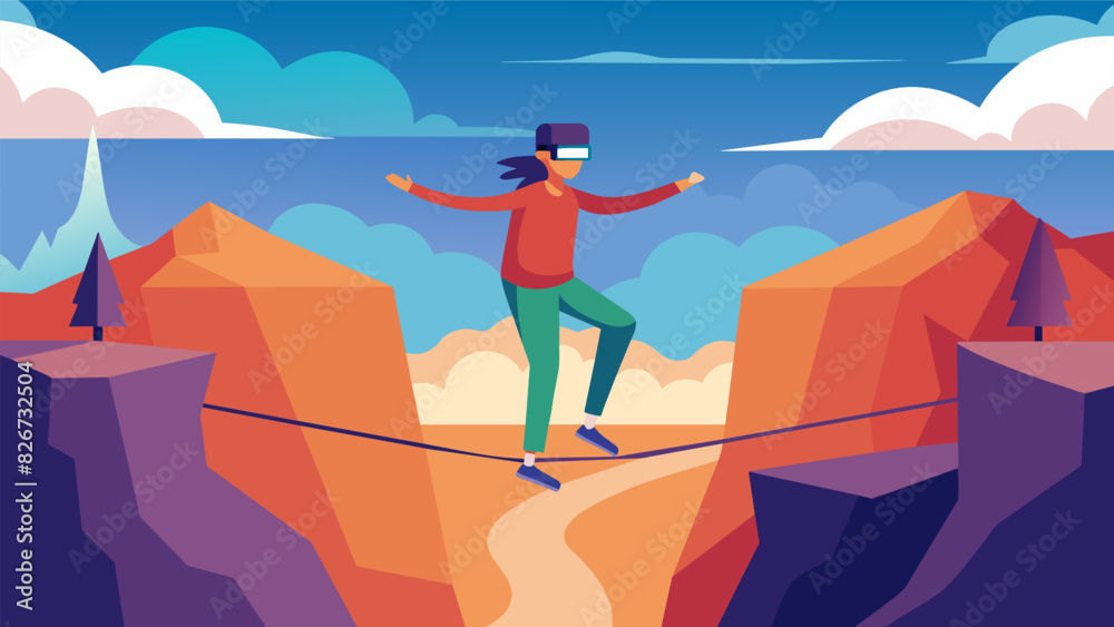 A person balancing on one leg while doing virtual reality balance exercises on a virtual tightrope above a canyon.. Vector illustration