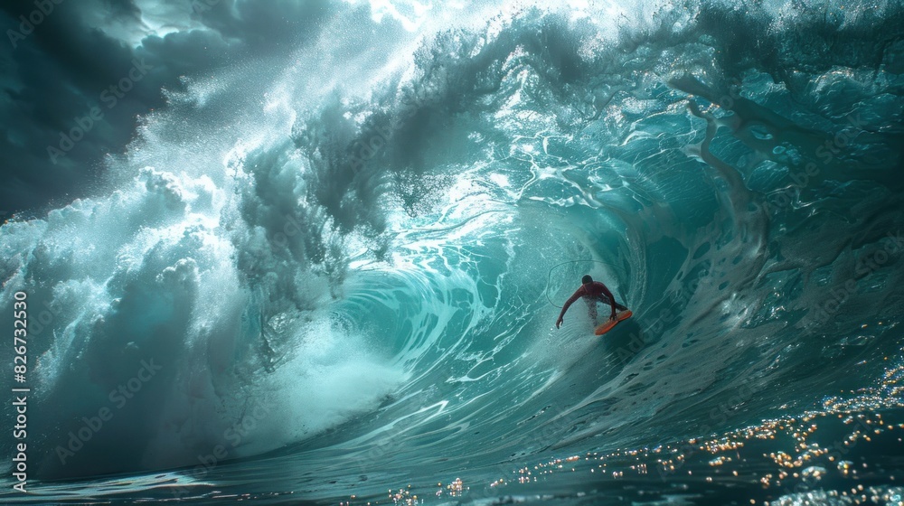 Obraz premium A surfboard cutting through a wave with lightning effects in motion