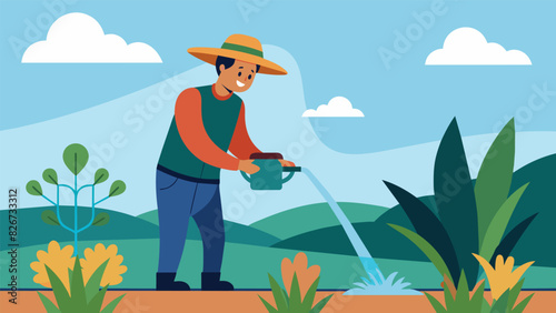 Through the use of drip irrigation a farmer conserves water while still effectively watering their crops showing their dedication to sustainable water. Vector illustration © Justlight
