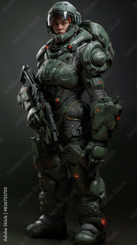 female space soldier standing in her impressive green power suit, visor open, holding a automatic weapon, vertical 9:16 female space soldier standing in her impressive green power suit, visor open, holding a automatic weapon, vertical 9:16