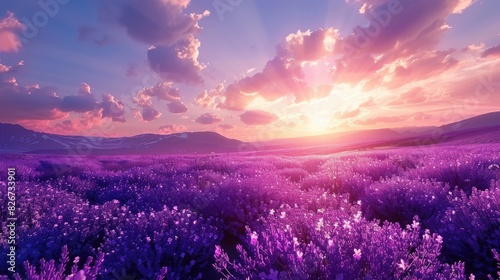 Violet lavender meadow under a sunsetJing
