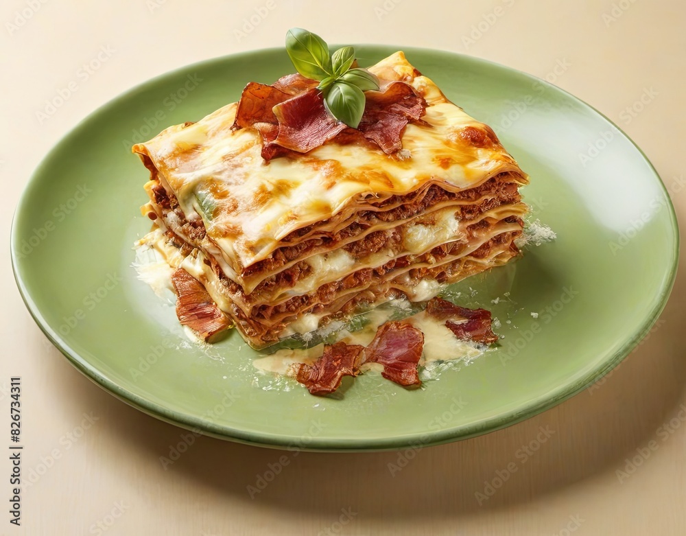 Lasagna on green plate with Fines herbes and fruit Lasagna on green plate with Fines herbes and fruit