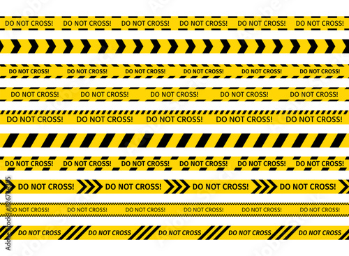 Do not cross ribbons. Police warning tapes for criminal accident places. Yellow black barrier tape. Set of caution crime scene bands. Seamless striped boundary lines. Vector illustration. © Iryna