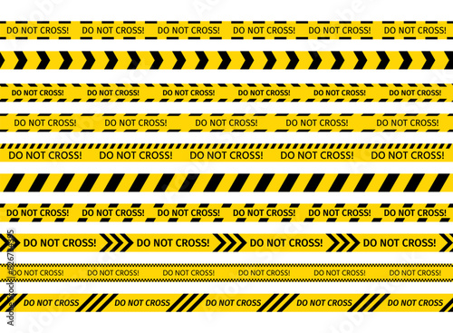 Do not cross ribbons. Police warning tapes for criminal accident places. Yellow black barrier tape. Set of caution crime scene bands. Seamless striped boundary lines. Vector illustration.