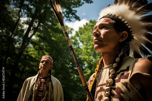 Father and Daughter in Traditional Native American Attire in a Forest Setting 