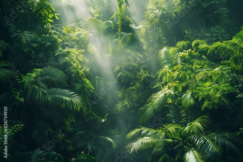 : A lush, green tropical rainforest canopy viewed from above, with sunlight filtering through the dense foliage and creating a dazzling mosaic of greens,