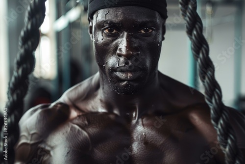 Closeup of a focused male athlete with intense gaze during a workout with battle ropes in the gym