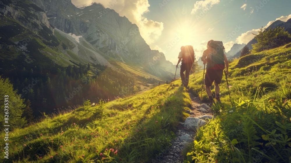 Obraz premium Two people are hiking in the mountains, one of them carrying a backpack