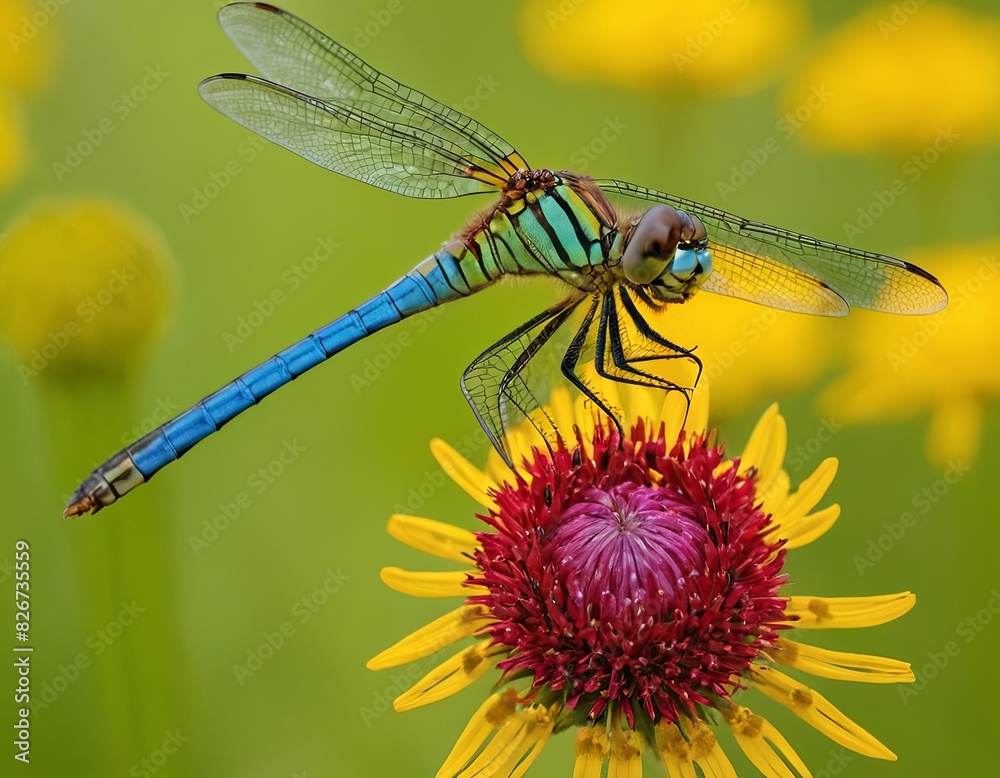 A dragonfly perches on a green leaf covered in water droplets A dragonfly perches on a green leaf covered in water droplets