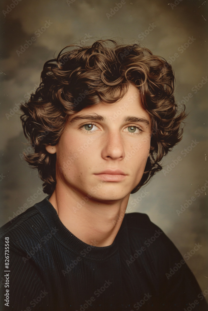 1980s style yearbook photo of a young man with brown curly hair 1980s style yearbook photo of a young man with brown curly hair