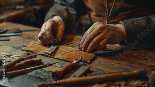 Close up of a shoemaker or artisan worker hands. Leather craft tools on old wood table.