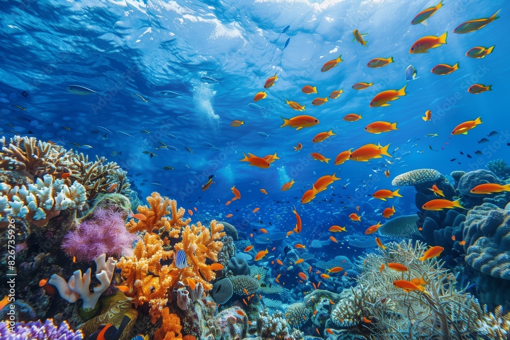 Fototapeta premium : A vibrant blue underwater coral reef, teeming with colorful fish and intricate coral formations, captured in stunning detail,