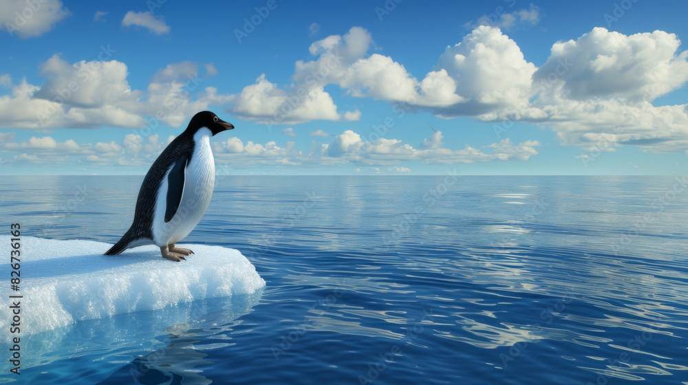 Fototapeta premium Lone penguin perched on an iceberg with a serene blue sea and sky in the background