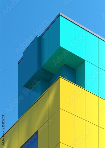 Modern Architectural Structure with Bold Yellow and Blue Geometric Patterns on Clear Day