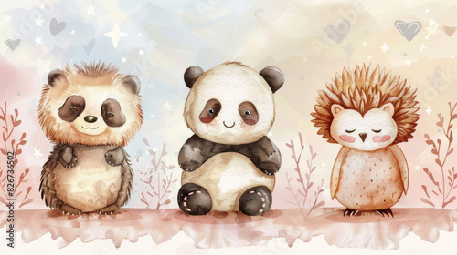 Enchanting Watercolor Styled Baby Nursery Featuring Snuggly Panda, Inquisitive Hedgehog, and Cheerful Owl Amidst a Soft Pastel Star and Heart Background photo