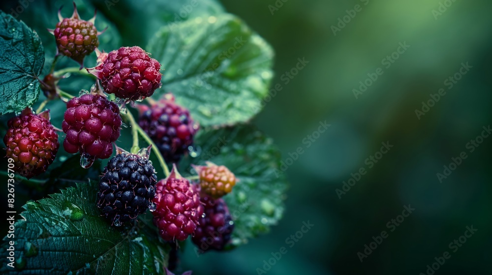 Dew Kissed Blackberries on a Bush with Dark Green Background and Copy Space Dew Kissed Blackberries on a Bush with Dark Green Background and Copy Space