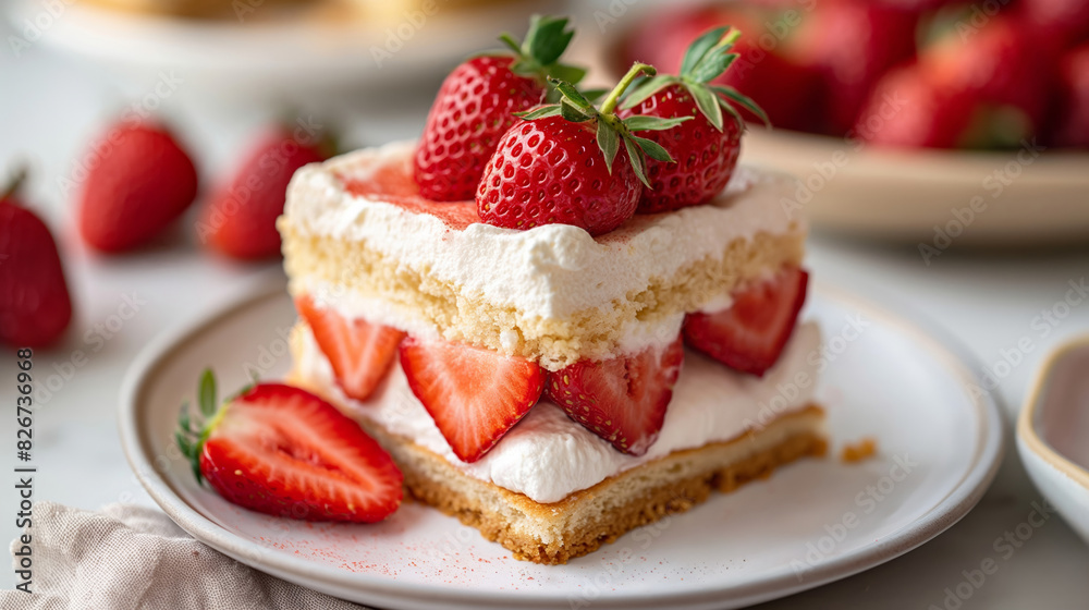 Macro Shot of Strawberry Shortcake Slice with Lush Red Berries on Top Macro Shot of Strawberry Shortcake Slice with Lush Red Berries on Top