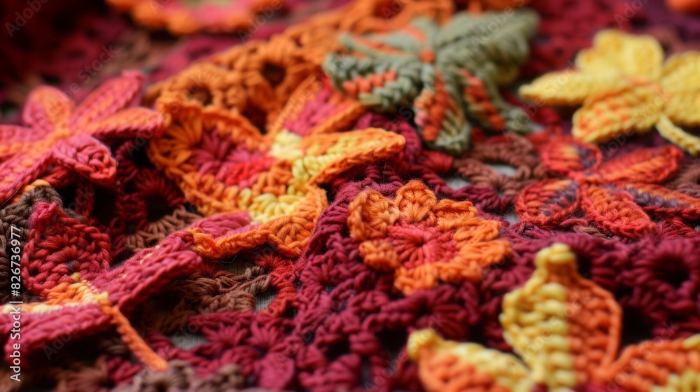 Fototapeta premium Detailed Close-Up of a Collection of Crochet Fall Leaves in Vibrant Orange, Yellow, and Red Hues Against a Textured Background